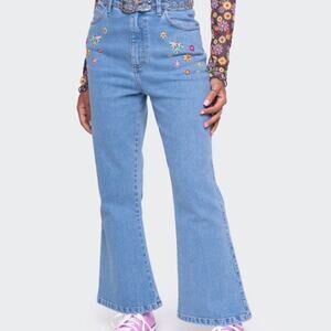 Minga London Cropped Flare Embroidered Floral Butterfly Jeans 8